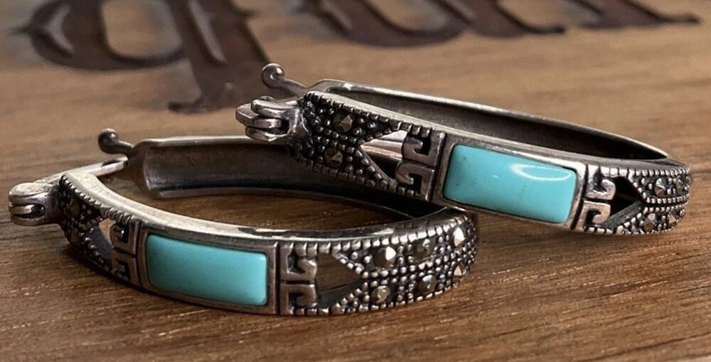Vintage SLC Turquoise And Marcasite Sterling Silver Oval Hoop Earrings